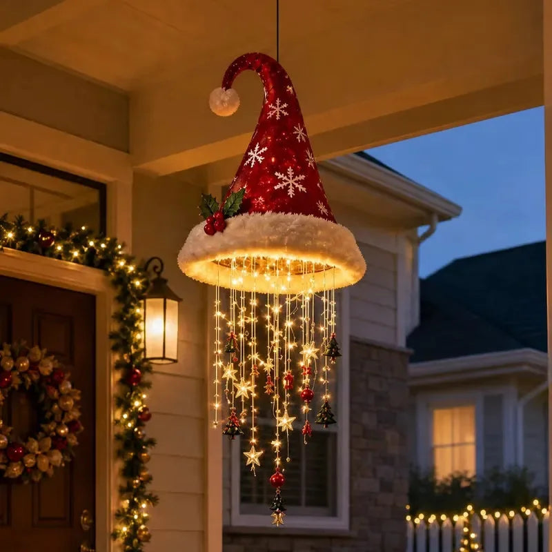 Lighted Santa Hat Hanging Chandelier – Warm LED Christmas String Lights with Festive Ornaments, 3 Styles for Holiday Decor