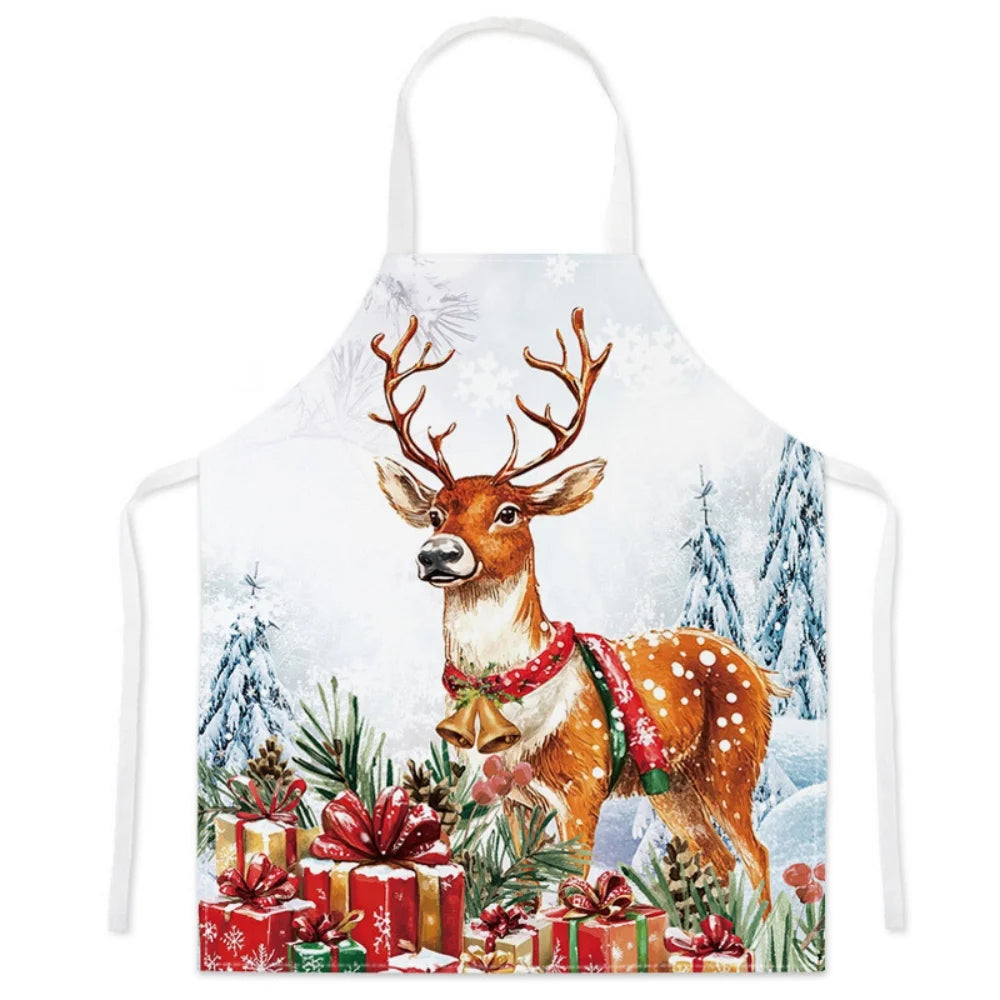 Christmas Cartoon Apron – Santa Claus, Deer & Xmas Tree Print Oil & Dustproof Parent-Child Apron for Kitchen, Baking & Cooking