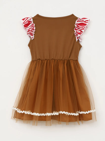 Girls' Christmas Gingerbread Man Costume Tulle Tutu Dress, Square Neck Short Sleeve Cosplay Outfit for Xmas and New Year Parties, Holiday Photo Shoots and Dress-Up Events