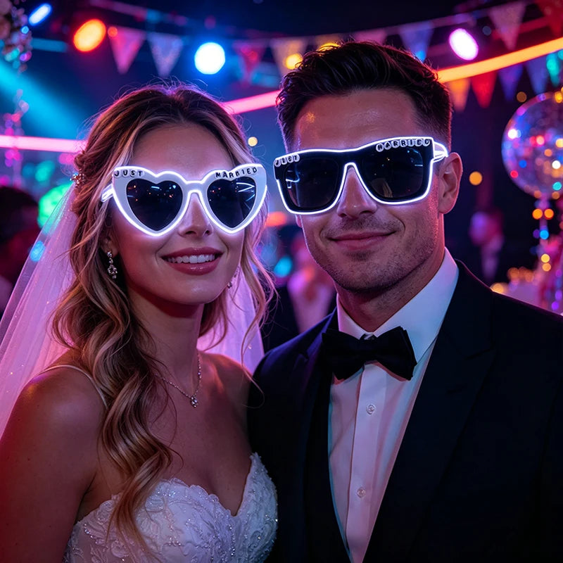 Just Married LED Heart Glasses – Light-Up EL Neon Glasses for Weddings, Engagements & Bridal Showers
