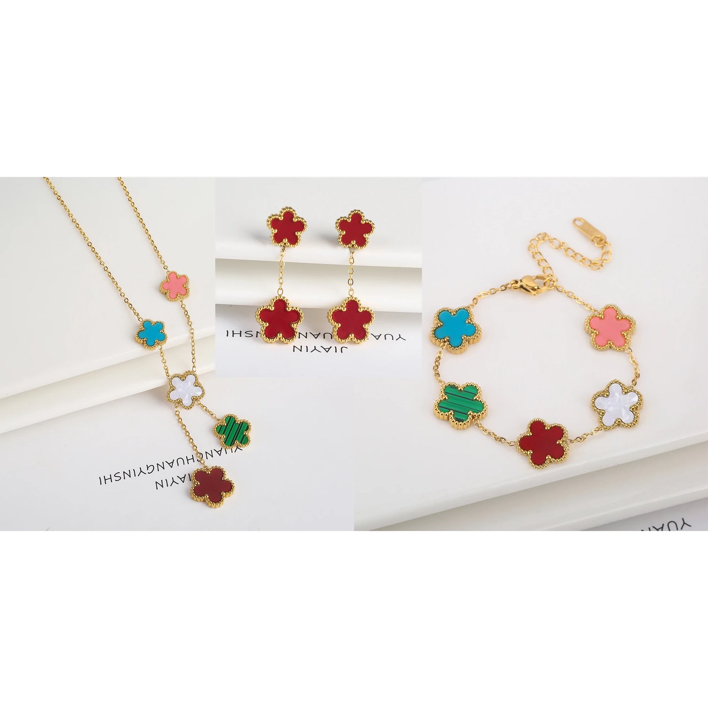 3Pcs Women’s 18K Gold Plated Five Leaf Flower Jewelry Set Clover Necklace Earrings Bracelet Party