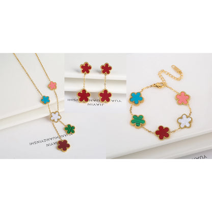 3Pcs Women’s 18K Gold Plated Five Leaf Flower Jewelry Set Clover Necklace Earrings Bracelet Party