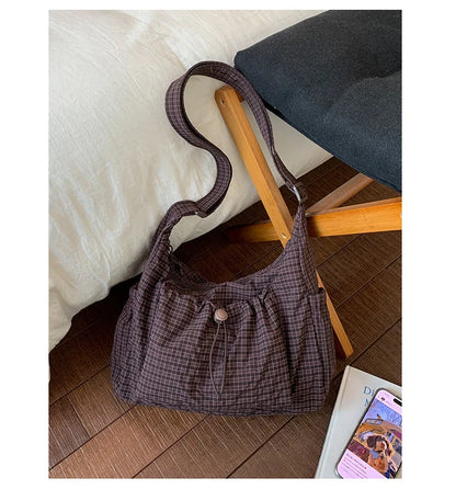Bolso de hombro de nailon estilo coreano – Bolso tote sencillo a cuadros con cremallera y diseño de nube plisada con cordón ajustable, bandolera de moda para mujer, bolso de mano casual para el día a día