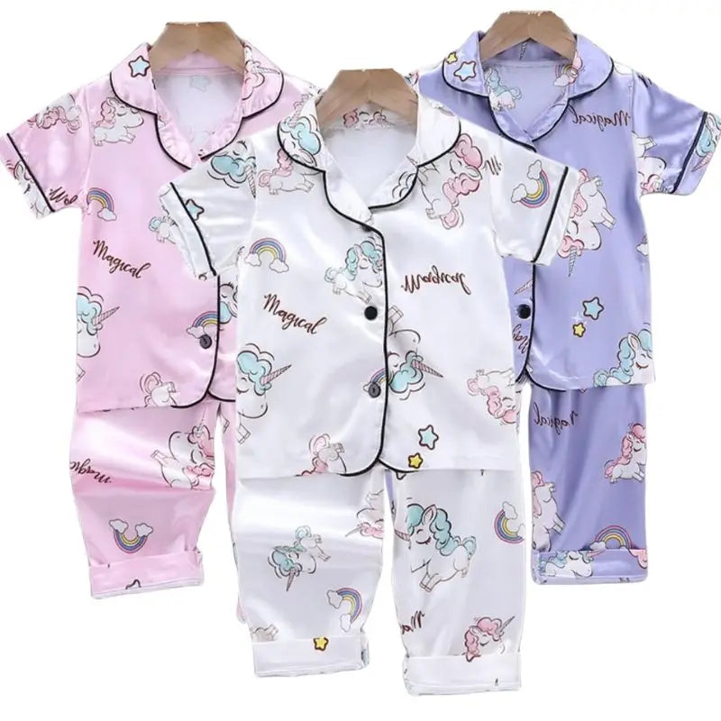 Conjunto de Pijama de Verano para Niñas – Conjunto de Pijama de Satén de Unicornio de Dibujos Animados de 2 Piezas | Ropa de Dormir Suave para Niños Pequeños con Aire Acondicionado