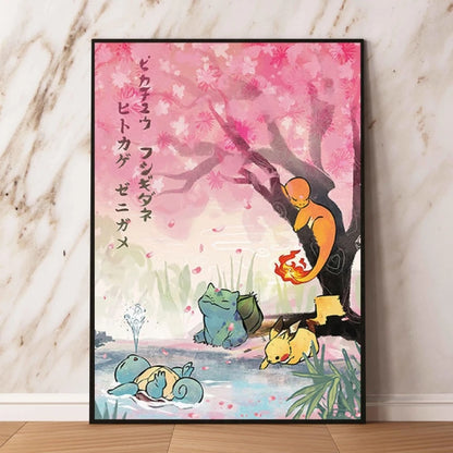Japanese Anime Pokémon Canvas Wall Art – Pikachu, Charmander & Eevee Watercolor Poster Print Home Decor
