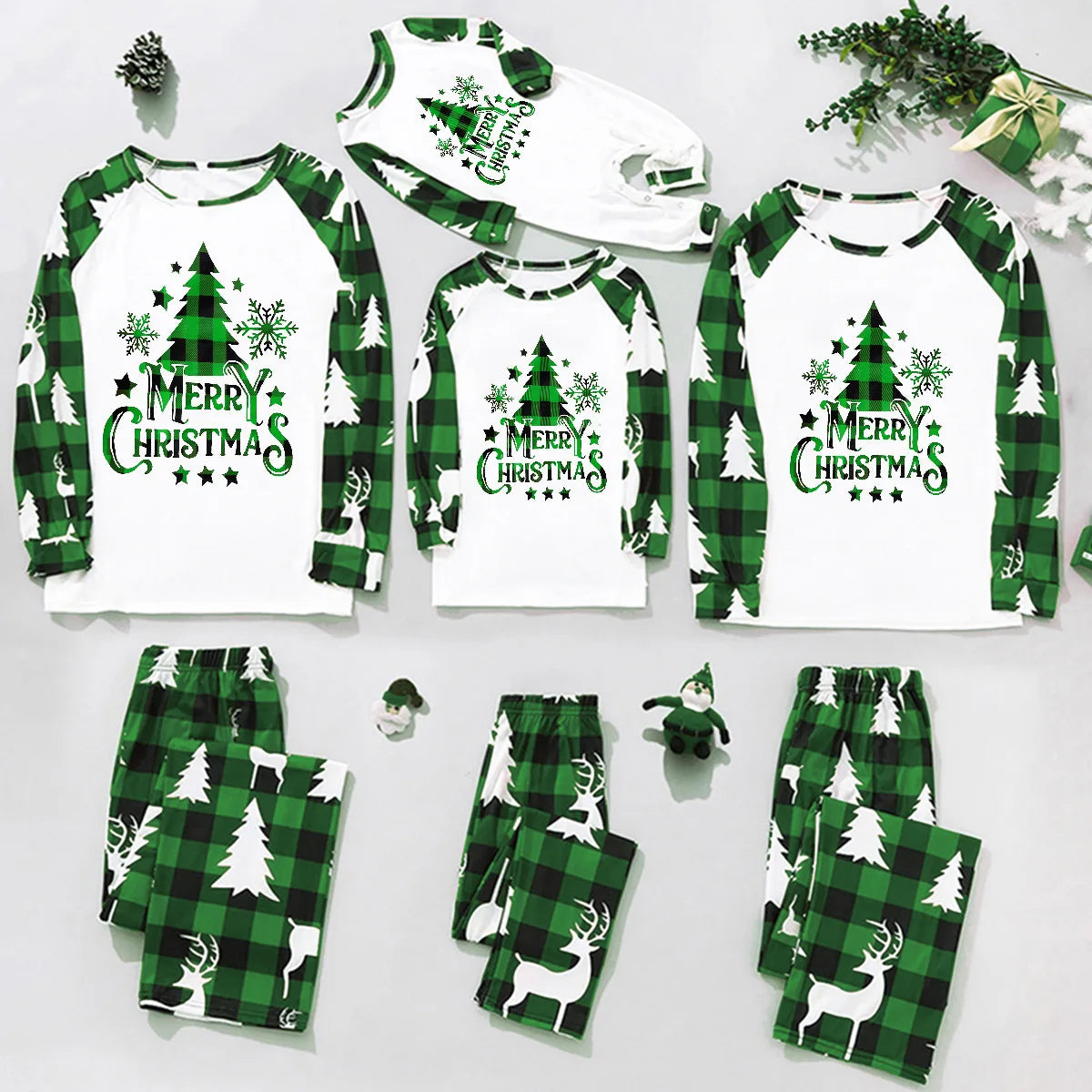 Christmas Family Matching Pajamas Set – 2-Piece Xmas Sleepwear for Mom, Dad & Kids, Baby Rompers, Casual Loose Family Holiday Outfits