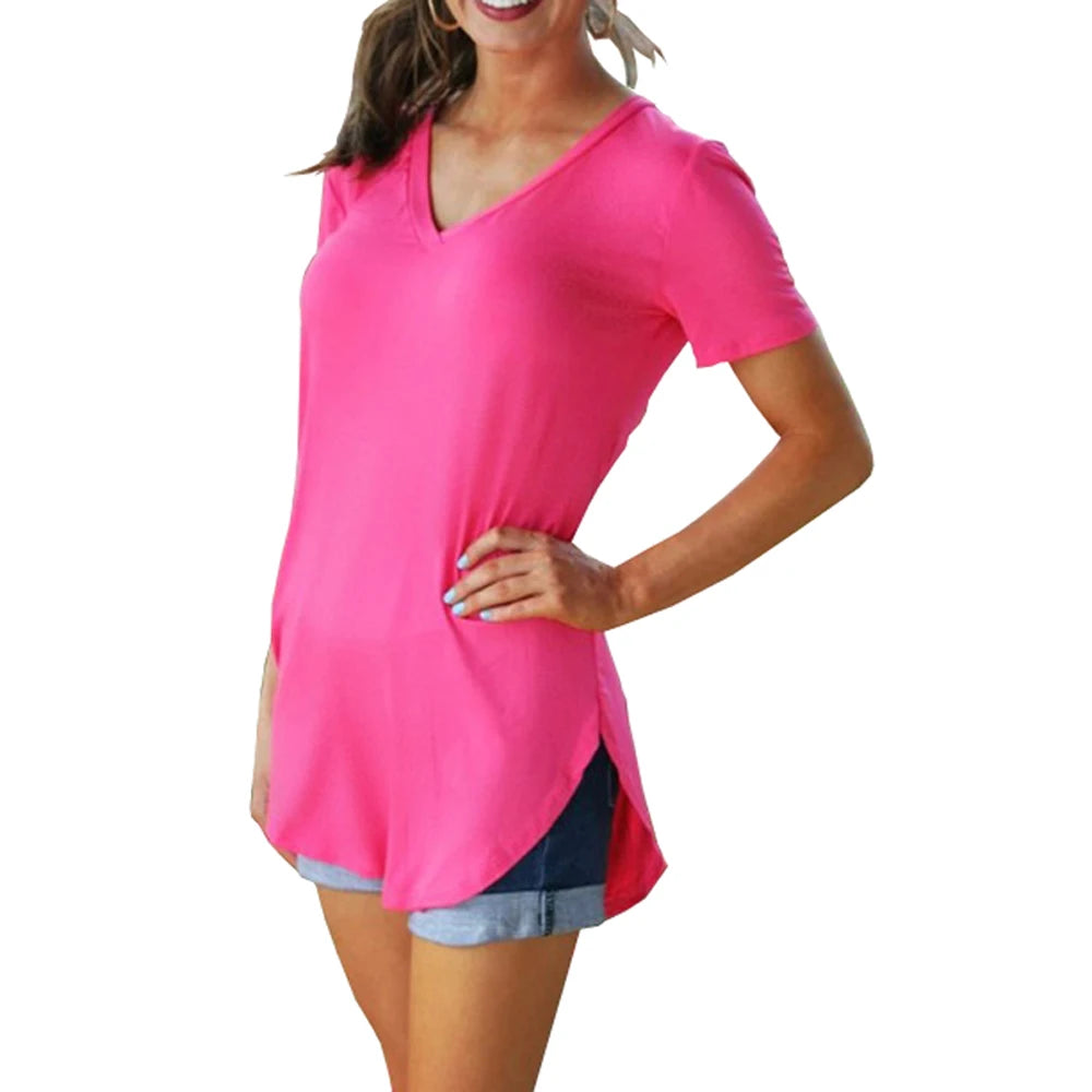 Women's Summer V-Neck Blouse – Solid Color Short-Sleeve Loose T-Shirt with Curved Hem, Casual Lightweight Top for Everyday Wear