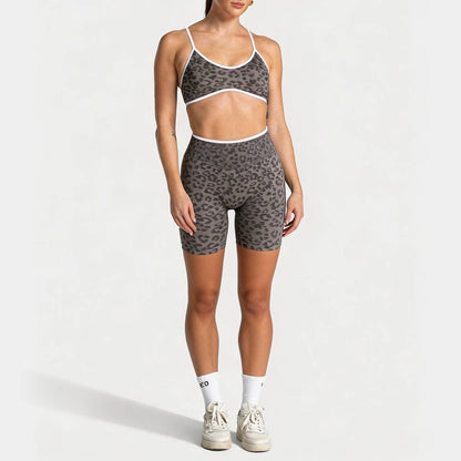 Women's Leopard Print 2-Piece Yoga Set – High-Waist Biker Shorts & Adjustable-Strap Sports Bra for Gym, Workout, Yoga & Activewear