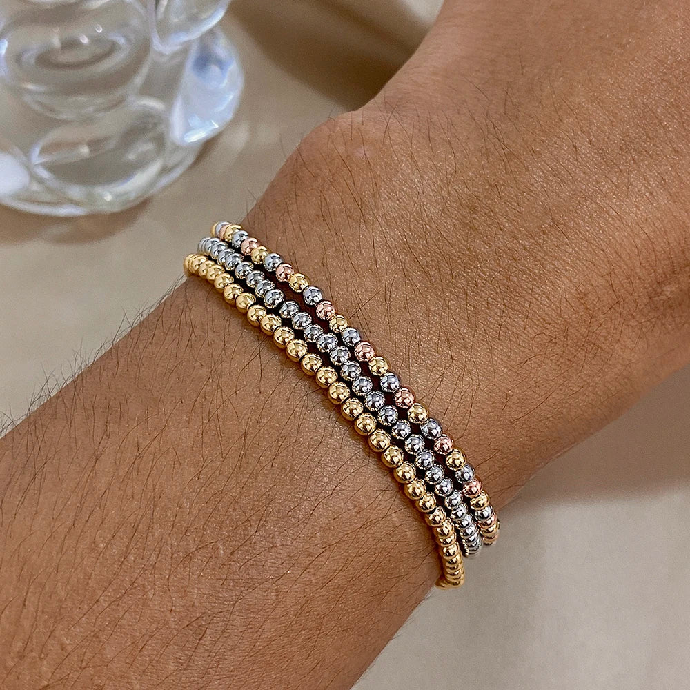 Pulsera de cuentas de acero inoxidable Greatera – Pulsera de cadena elástica tricolor bañada en oro de 3/4 mm para mujer | Regalo de joyería de moda impermeable
