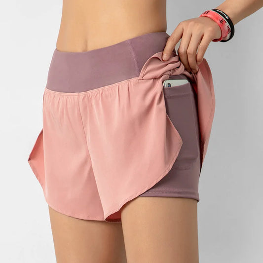 Pantalones cortos deportivos de correr para mujer, doble capa, yoga, gimnasio, fitness, jogging, entrenamiento, verano