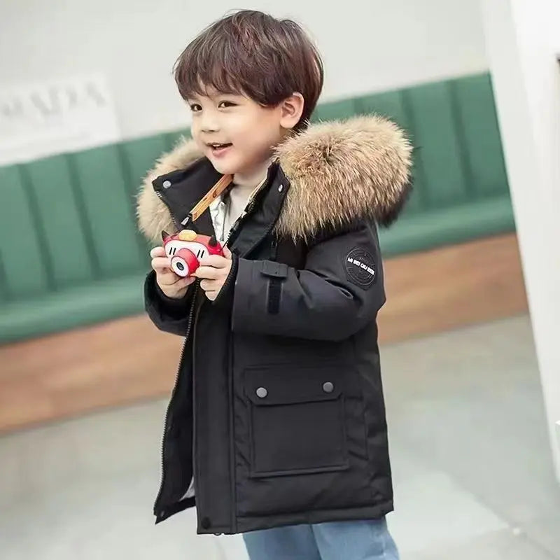 Kids’ Thick Velvet-Lined Winter Parka – Warm Cotton-Padded Coat with Fur Collar & Hood for Boys and Girls
