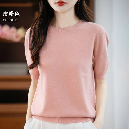 Women's 100% Wool Knitted Sweater – O-Neck Short-Sleeve Pullover, Warm Basic Casual Top for Fall & Winter, Available in 22 Colors