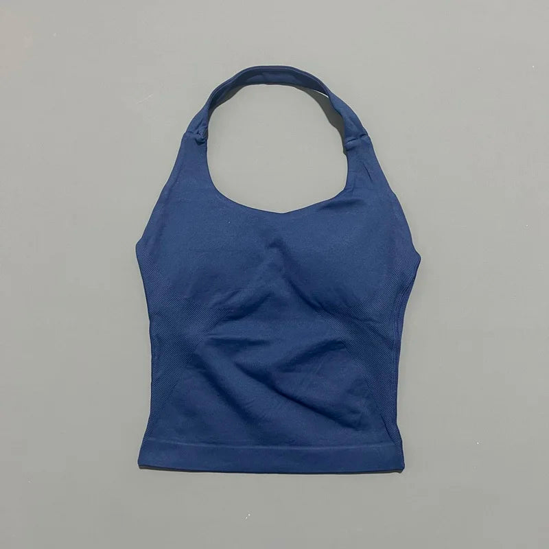 HISTELLO Women’s Seamless Longline Halter Sports Top – Built-in Bra with Removable Cups Yoga & Gym Tank Activewear