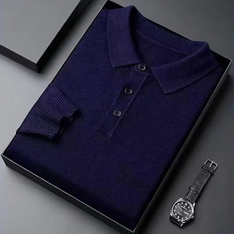 Men’s Luxury Merino Wool Cashmere Sweater – Buttoned Polo Collar Pullover, Warm Knitwear for Autumn & Winter Casual Wear