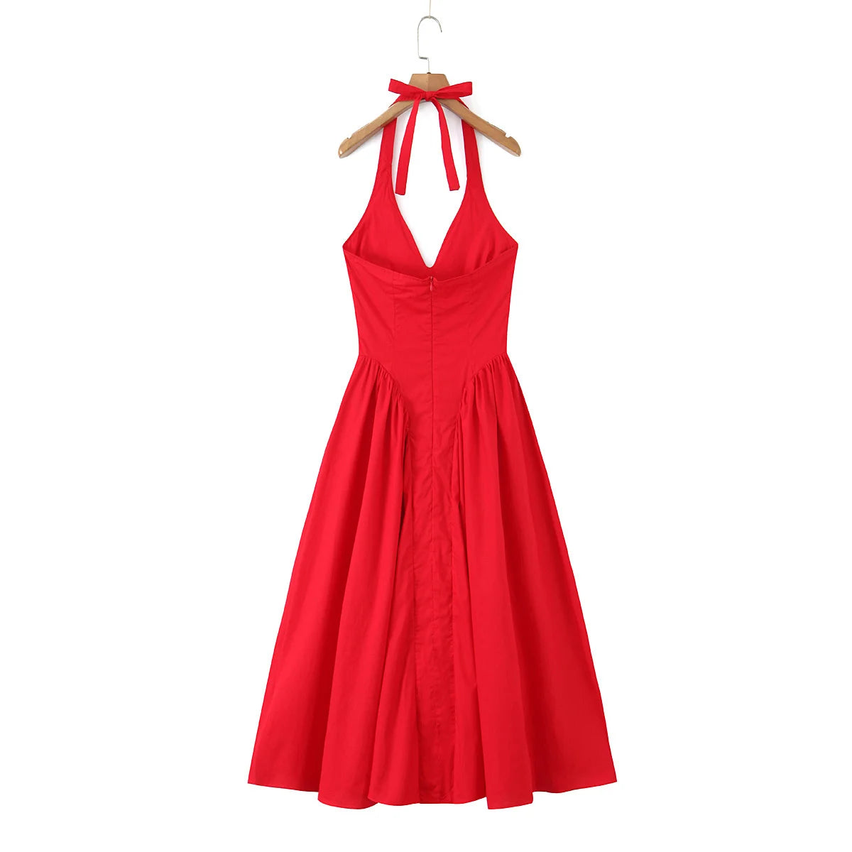 YENKYE Women’s Sexy Backless Green Halter Midi Dress Elegant Low Waist A-Line Cotton Summer Evening Party Robe