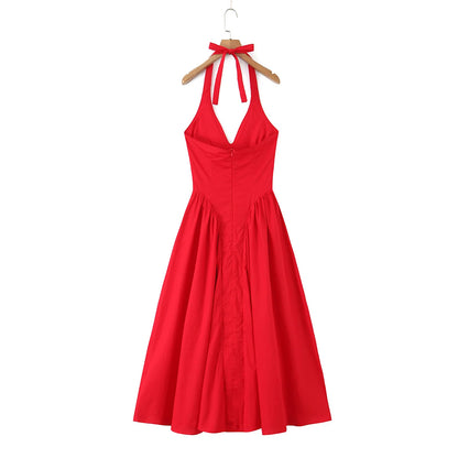 YENKYE Women’s Sexy Backless Green Halter Midi Dress Elegant Low Waist A-Line Cotton Summer Evening Party Robe