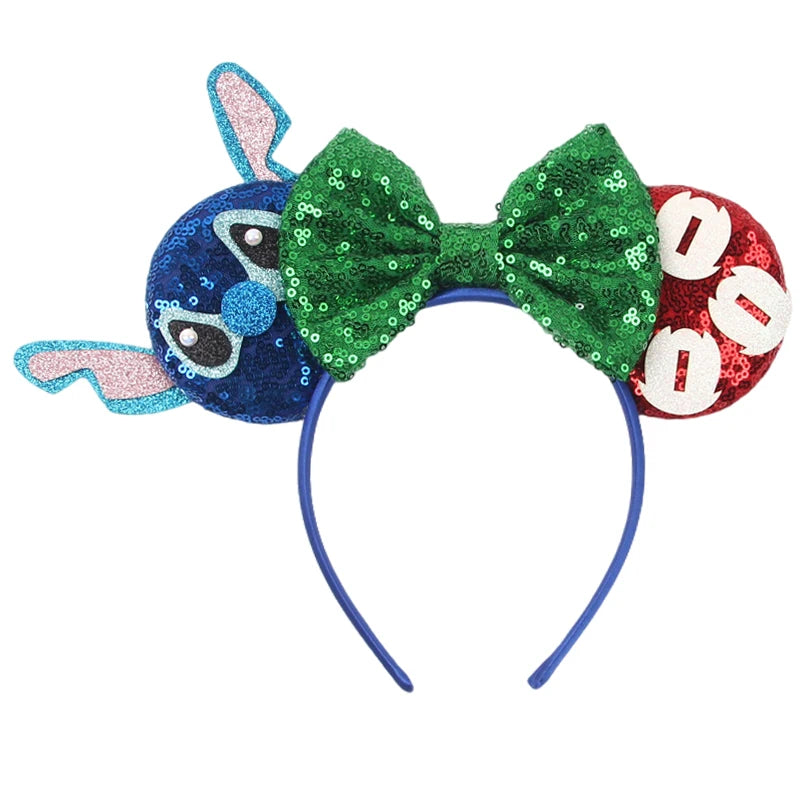 Diadema de orejas de Mickey Mouse de Lilo & Stitch – Lazo de lentejuelas de 5" Accesorio para el cabello de dibujos animados para mujeres y niñas | Diadema para fiestas y festivales