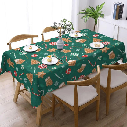 Christmas Candy Cane Gingerbread Waterproof Tablecloth – Winter Holiday Dining Table Cover for Kitchen, Home & Xmas Decor