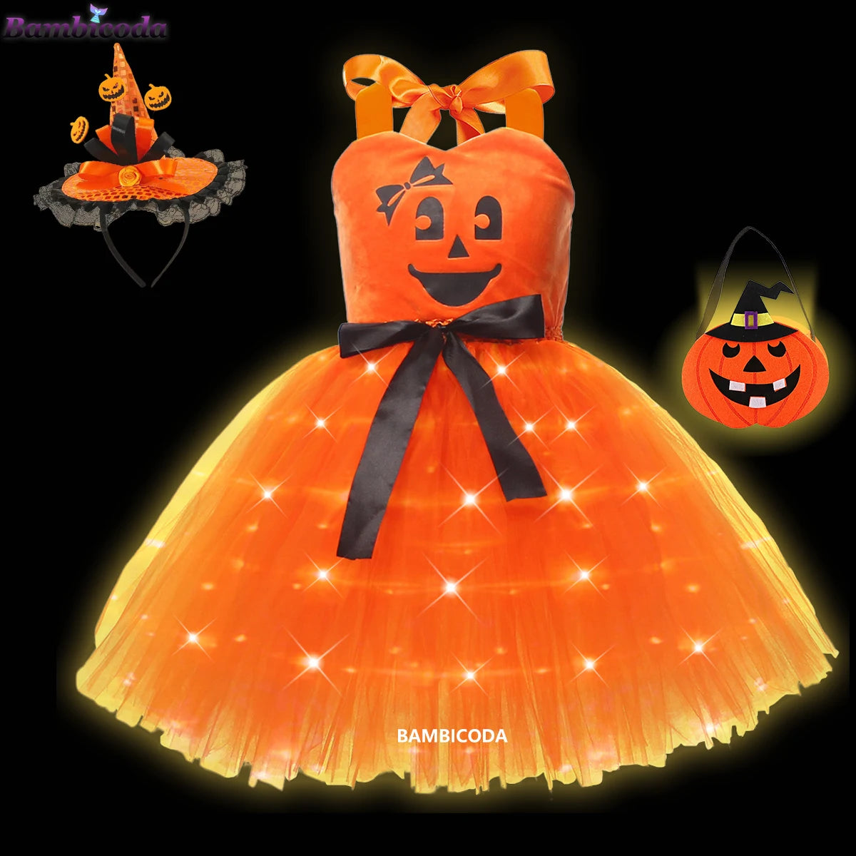 Girls LED Light-Up Witch Costume Dress – Halloween Vampire Cosplay Outfit for Carnival, Masquerade, Performance & Pumpkin Parties
