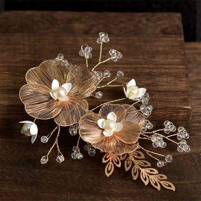 Vintage Gold Floral Bridal Headband with Pearls – Fairy Wedding Tiara for Brides, Prom & Special Occasions