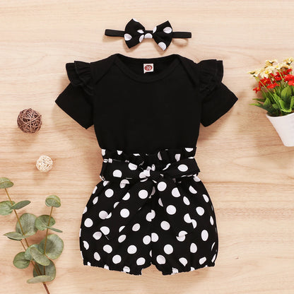 Baby Girl 3PCS Summer Outfit Set – Short Sleeve Bodysuit, Polka Dot Shorts & Headband for Infants
