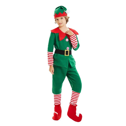 Kids Green Christmas Elf Costume Set, Boys and Girls Santa Claus Cosplay Fancy Dress, Festive Holiday Outfit for Xmas Parties, Carnival Events, Halloween and Christmas Celebrations