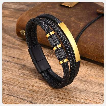 Vnox Personalized Braided Leather Bracelet for Men – Custom Name Engraved Triple Woven PU Leather Wristband | Handmade Gift Jewelry