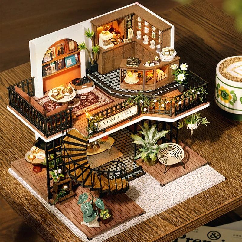 Wooden Dollhouse 3D Puzzle Kit – DIY Miniature Room Model with Furniture & LED Lights Home Decoration