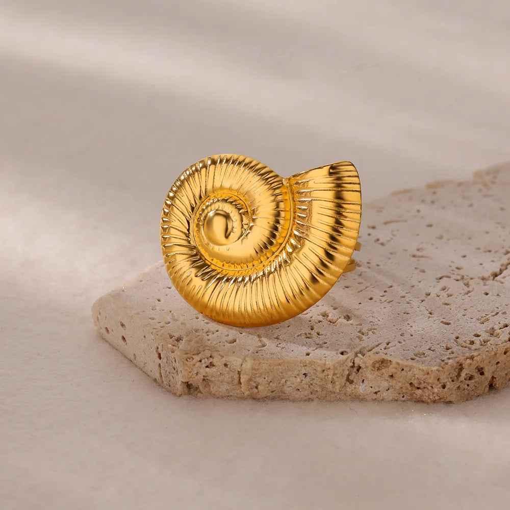 Gold Stainless Steel Starfish & Shell Ring – Adjustable Waterproof Beach-Inspired Ring for Women