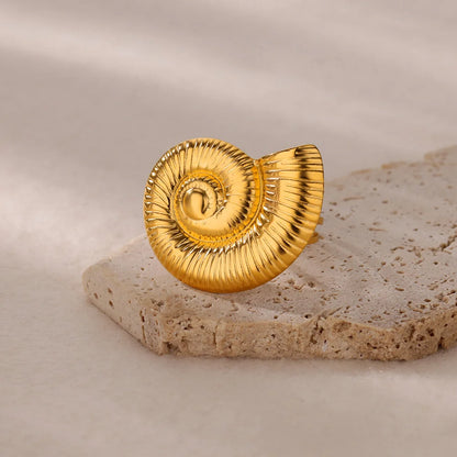Gold Stainless Steel Starfish & Shell Ring – Adjustable Waterproof Beach-Inspired Ring for Women