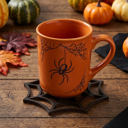 Halloween Spider Web Placemat and Coaster Set, Wooden Spider Web Table Decor with Storage Base, Gothic Halloween Party Table Accessories, Spooky Home Decoration and Party Supplies