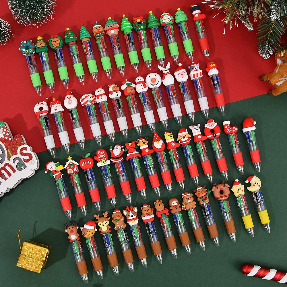 30PCS Cute Cartoon 4-Color Ballpoint Pens – Mini Pocket Kawaii 3D Pens for Kids, Christmas Student Prizes, School & Office Stationery