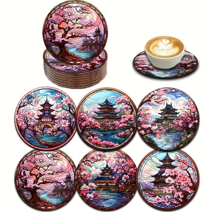 4/6PCS Wooden Coasters – Cherry Blossom, Kimono & Mount Fuji Japanese-Style Design Coffee Table Drink Mats for Home & Dining
