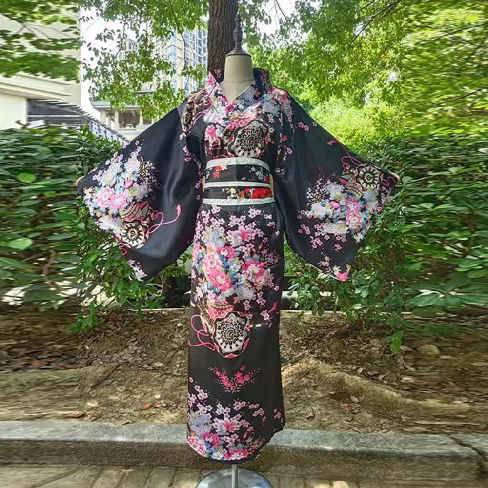 Japanese Kimono Cosplay Costume – Floral Sakura Printed Dress, Traditional Asian Style Kimono Outfit for Women Halloween & Party Wear
