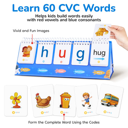CVC Word Games & Flash Cards – Rhyming Flip Book Learn-to-Read Educational Toy for Preschool Kids Ages 3-6