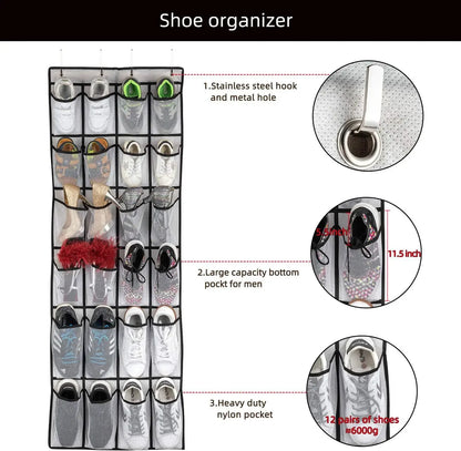 Over-the-Door Shoe Organizer - 12, 14 or 24 Pocket Hanging Shoe Storage with Large Mesh Pockets & 4 Hooks