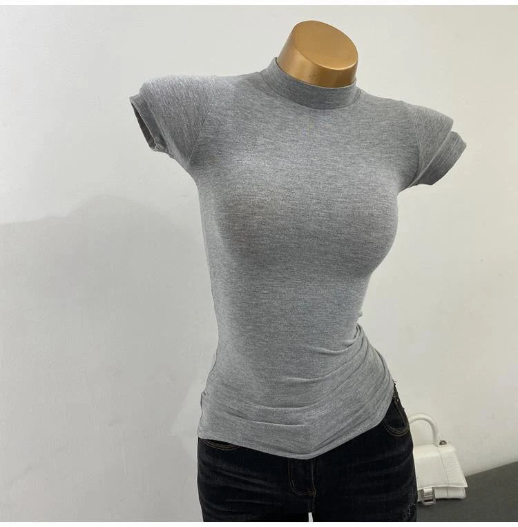 Half High Collar Korean T-Shirt – Transparent Short Sleeve Slim Fit Elastic Inner Top, Solid Color Bottoming Shirt for Women, Stylish Layering & Fashion Casual Wear