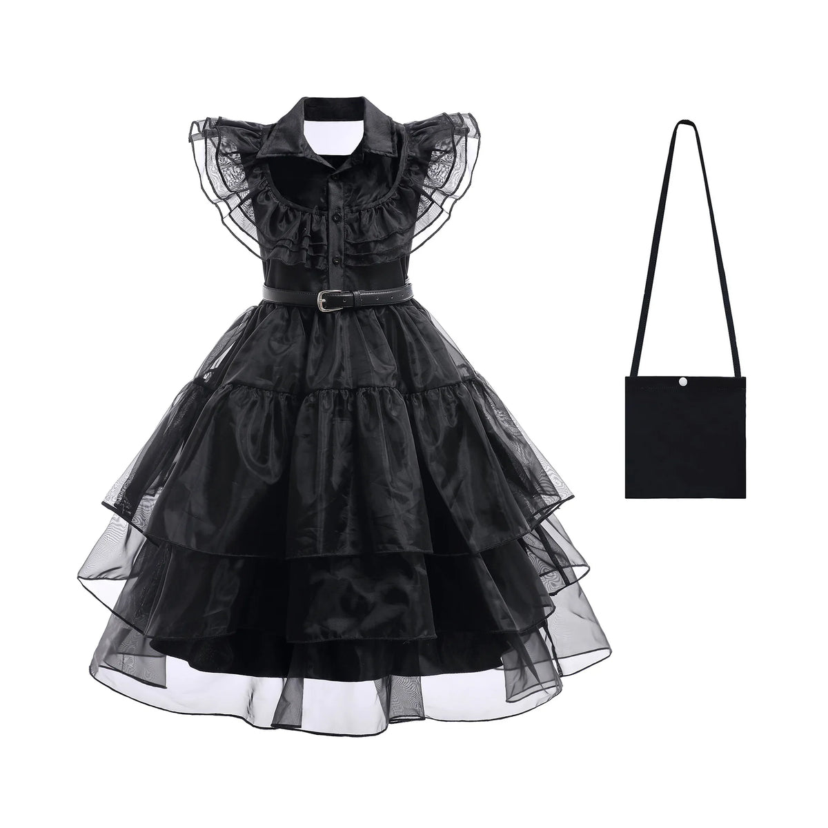 Girls’ Wednesday Addams Cosplay Costume Dress – Gothic Mesh Party Dress for Kids, Halloween Carnival Dress-Up Outfit, Ages 4–12