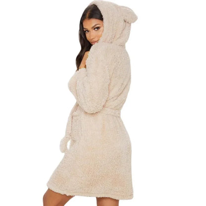 Women's Plush Fleece Hooded Robe – Soft Warm Kimono Bathrobe with Animal Ears, Long Sleeves & Cozy Loungewear