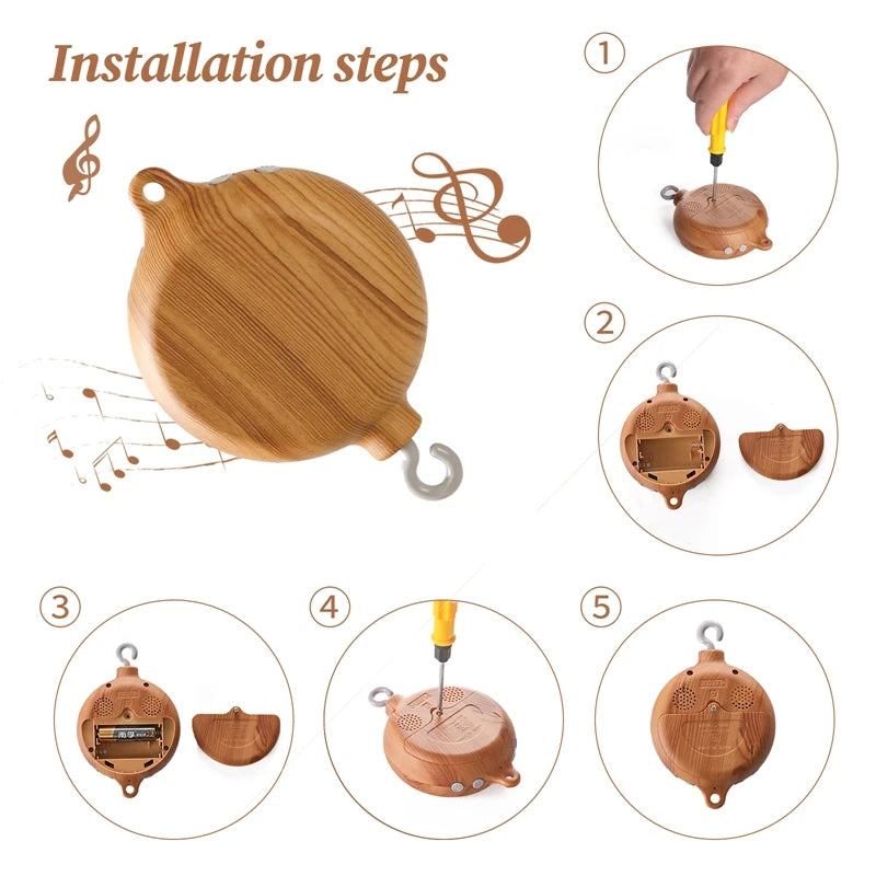 Móvil Musical para Cuna de Bebé Recién Nacido – Caja de Música con Sonajero Colgante Giratorio de Estilo Madera, Juguete Musical Relajante para Bebés de 0 a 12 Meses, Decoración para Cuna de Guardería y Regalo para Baby Shower