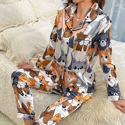 Women's Satin Pajama Set – 2-Piece Long Sleeve Button-Up Top & Pants, Soft Autumn Sleepwear & Loungewear