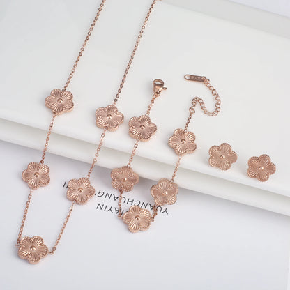 3Pcs Women’s 18K Gold Plated Five Leaf Flower Jewelry Set Clover Necklace Earrings Bracelet Party