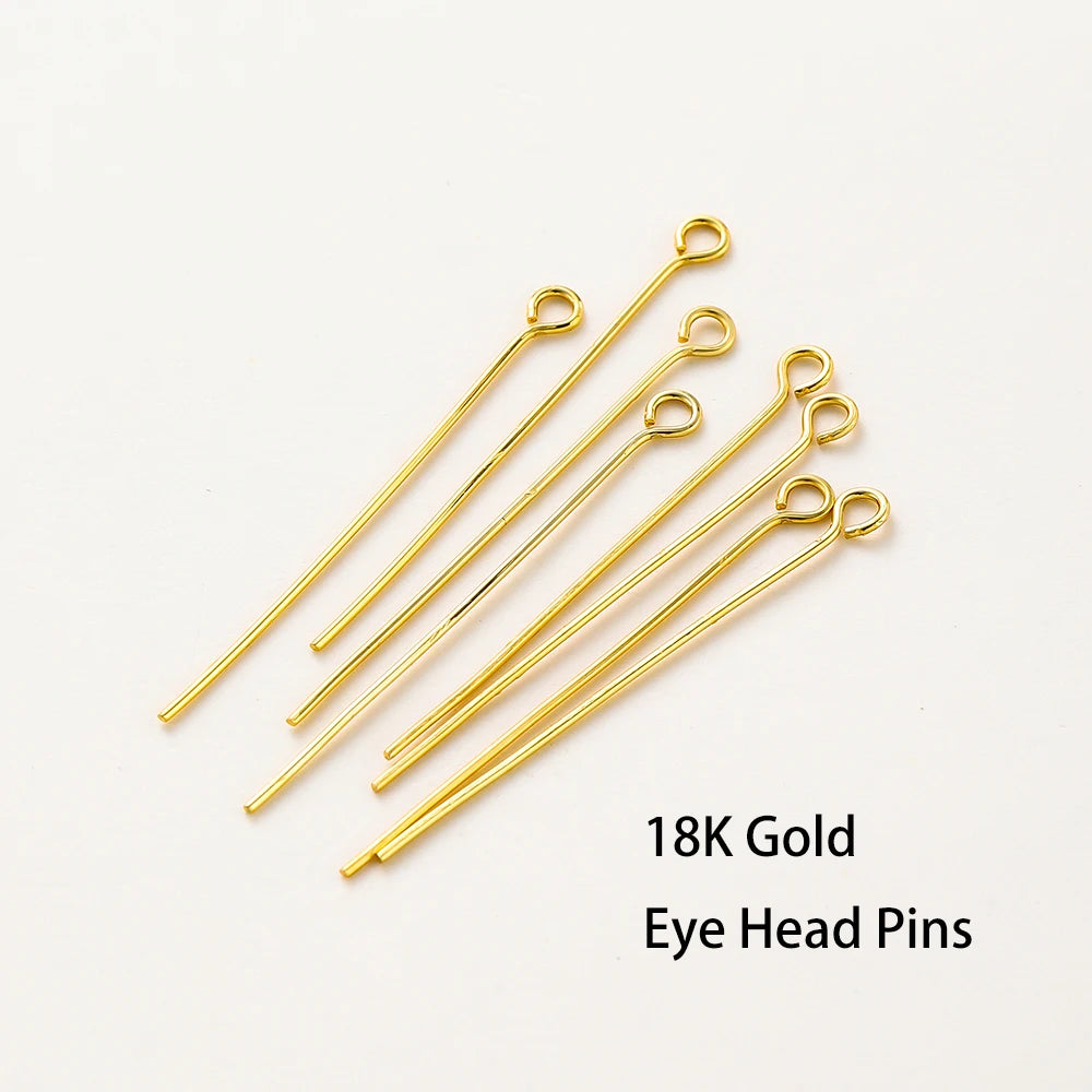 100-Piece 14K & 18K Gold Plated Brass Head Pins Set (16–50mm) – Ball, Flat & Eye Pins for DIY Jewelry Making & Crafts