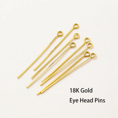 100-Piece 14K & 18K Gold Plated Brass Head Pins Set (16–50mm) – Ball, Flat & Eye Pins for DIY Jewelry Making & Crafts