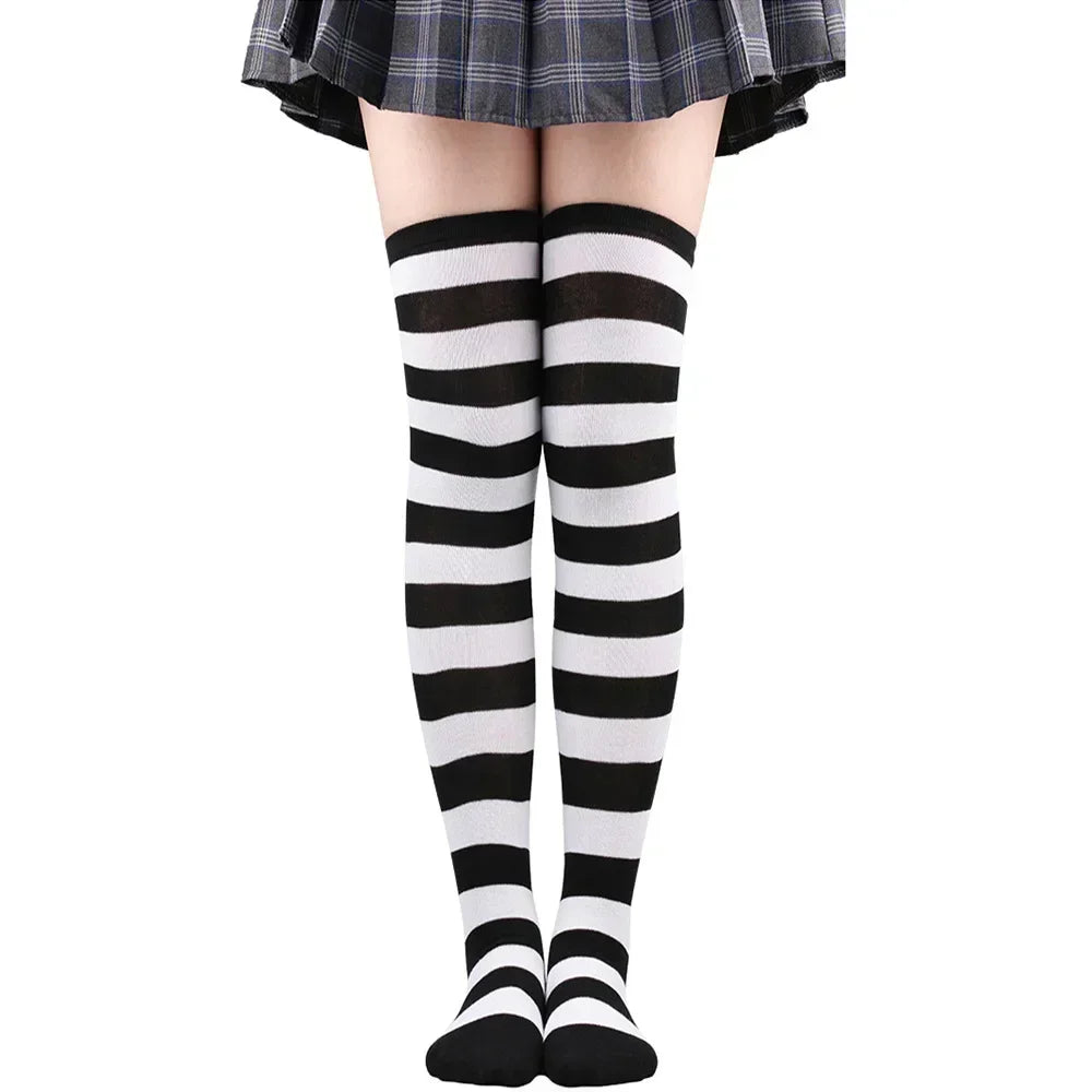 Thigh High Socks Women Over Knee Striped Polka Dot Stockings Black White Pink Lolita Cosplay Harajuku Y2K Kawaii