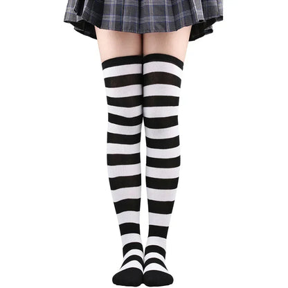 Thigh High Socks Women Over Knee Striped Polka Dot Stockings Black White Pink Lolita Cosplay Harajuku Y2K Kawaii