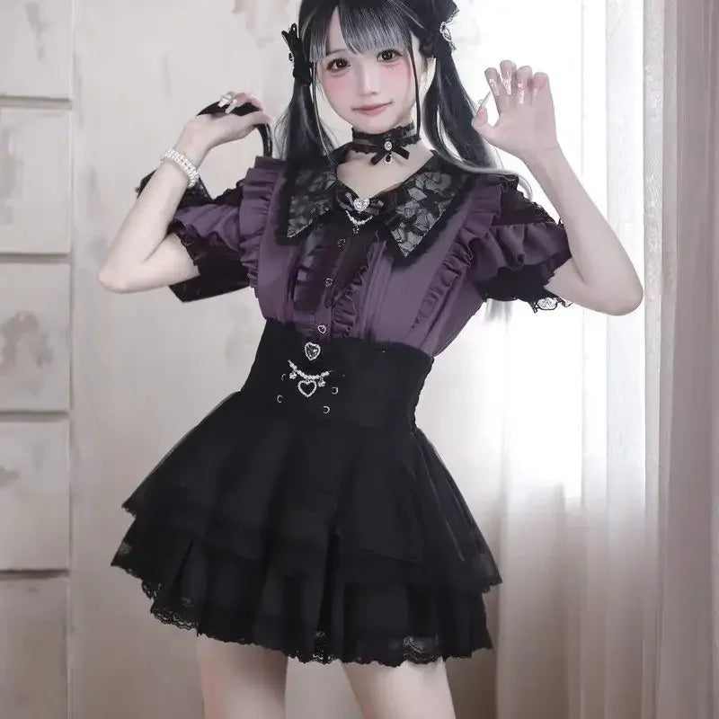 Blusa de mujer de encaje de manga corta estilo lolita japonés 2026, dulce, linda, ajustada, informal, a la moda, para uso diario