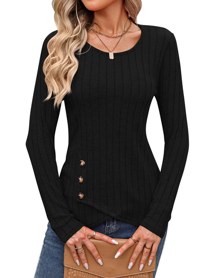 Women's Western Long Sleeve Top – Round Neck Fitted Waist-Cinched T-Shirt for Autumn Casual European & American Fashion