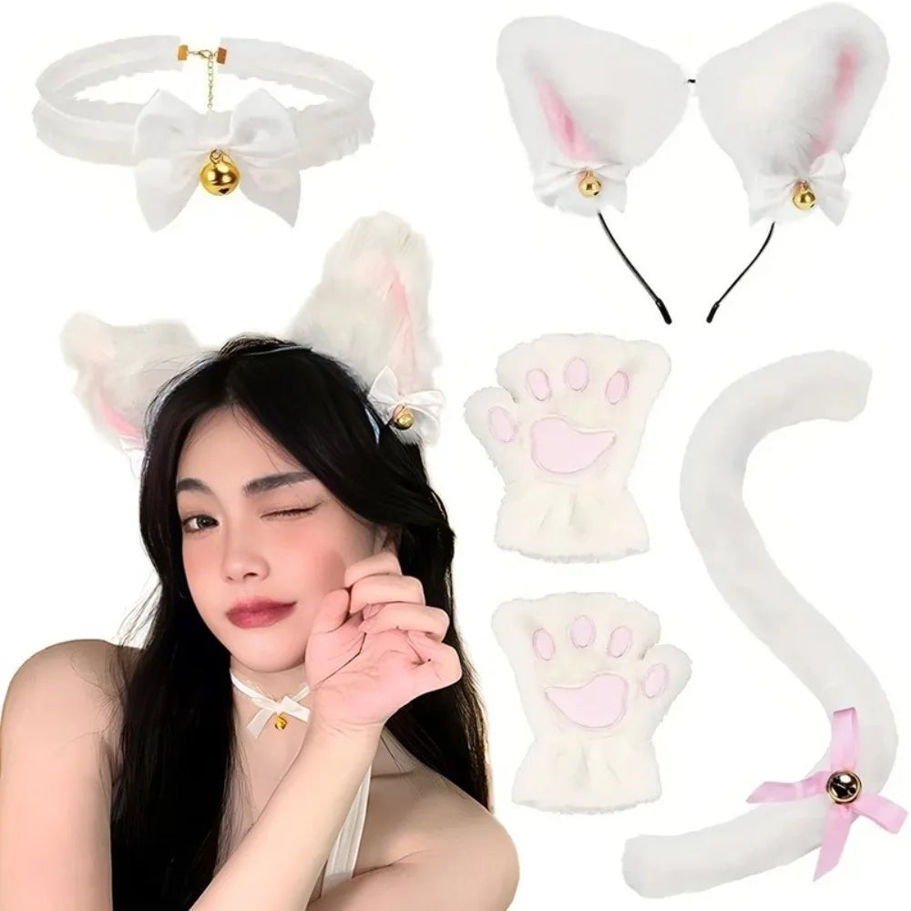 Cute Cat Woman Cosplay Accessories Set, Cat Ears Headband with Lolita Bow and Cat Paw Gloves, Kawaii Anime Costume Headwear for Girls, JK Fashion, Halloween, and Dress-Up Parties