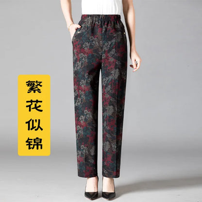 8XL Plus Size Women's Winter Pants – Printed Elastic High-Waist Velvet Trousers, Warm Straight-Leg Casual Oversized Fit